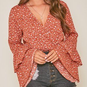 Peach Love California Bell Sleeve Floral Bodysuit